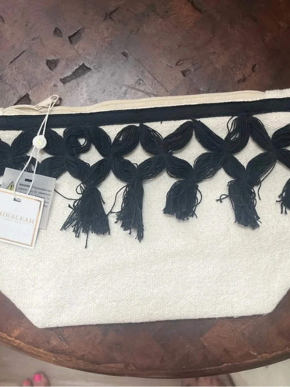 Woven Tassel Accent Canvas Clutch or Makeup Bag- Black & Cream